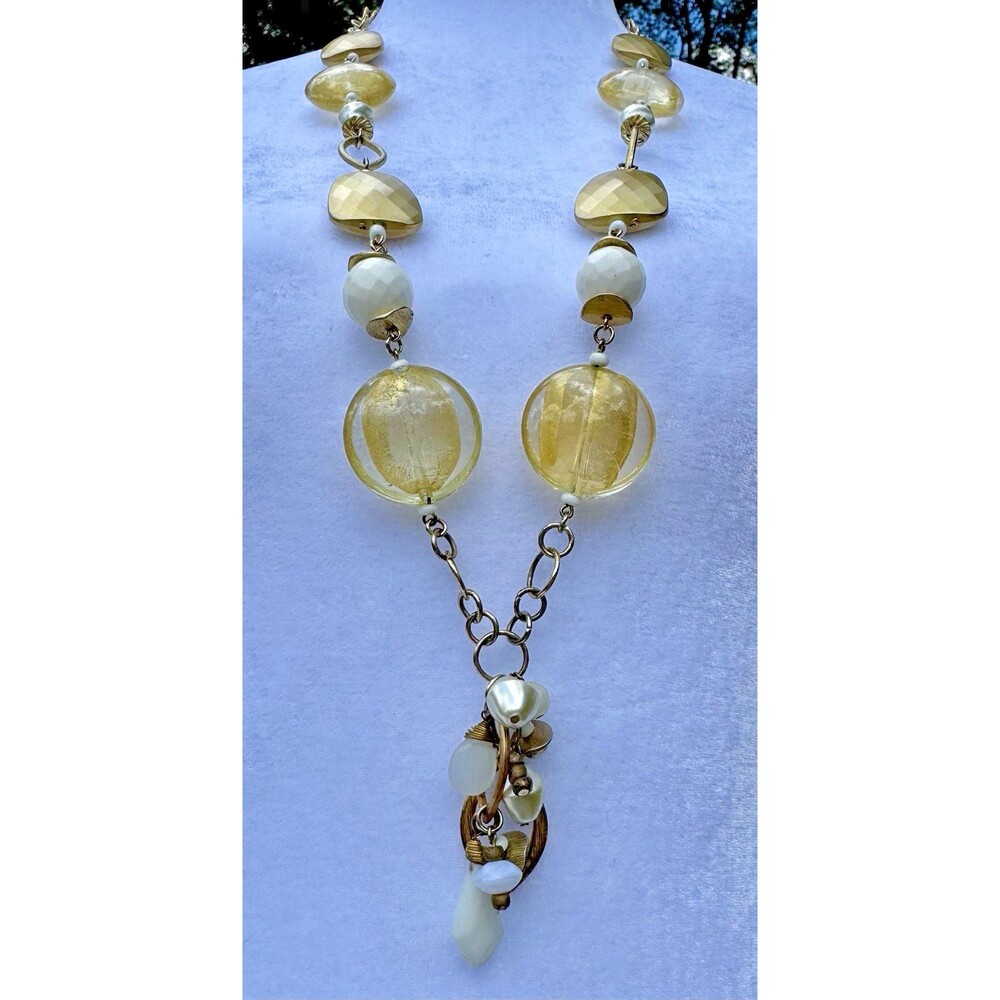 Chico’s Gold Foil Lucite Bead Necklace Faux Pearl Charm Tassel Statement 32”